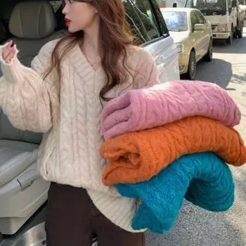 Женский свитер с v-образным вырезом, осень-зима, корейский тонкий простой базовый пуловер с длинными рукавами, однотонный повседневный мягкий вязаный женский теплый топ S синий