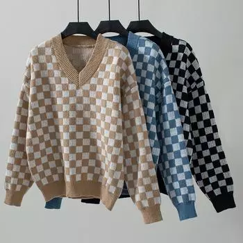 Женский свитер с V-образным вырезом, осень/зима, свободный пуловер, клетчатый свитер с цветовыми блоками S хаки