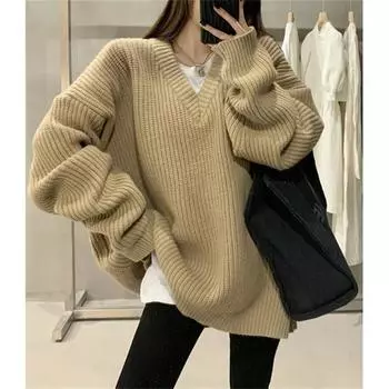 Женский свитер с V-образным вырезом, свитер цвета молочного чая, женский осенне-зимний новый корейский вариант, свободный и универсальный ленивый вязаный свитер One size