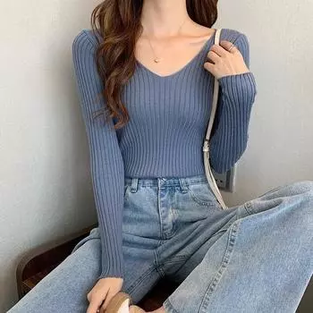 Женский свитер с V-образным вырезом, тонкий пуловер, обтягивающий, с длинными рукавами, однотонный, один размер, трикотаж, весна-осень, езда на работу One Size чёрный