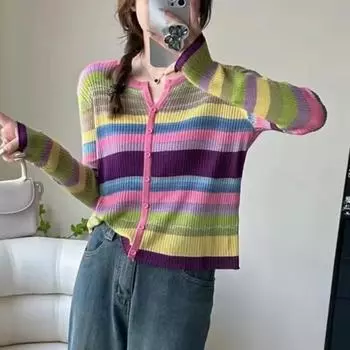 Женский свитер с V-образным вырезом, весна-осень, трикотаж, радужные полосы, длинный рукав, тонкий свитер, пуловер, женские базовые джемперы, трикотажная рубашка, топ Y2K one size синий