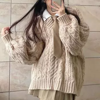 Женский свитер с v-образным вырезом, винтажный повседневный свободный однотонный вязаный свитер, милые топы в консервативном стиле, осенне-зимний корейский модный пуловер S хаки