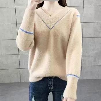 Женский свитер с V-образным вырезом, женский осенне-зимний теплый свободный короткий пуловер, имитация норки, бархатный трикотажный модный свитер S розовый