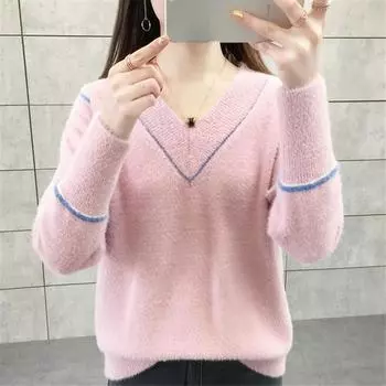 Женский свитер с V-образным вырезом, женский осенне-зимний теплый свободный короткий пуловер, имитация норки, бархатный трикотажный модный свитер S розовый