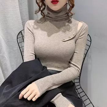 Женский свитер с воротником из бархата и ворсом, осенне-зимний пуловер с ажурными пуговицами, трикотажный женский топ M абрикосовый