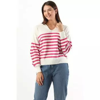 Женский свитер с воротником поло в полоску из трикотажа цвета экрю