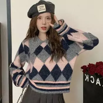 Женский свитер с лацканами в стиле ретро, ромбовидный контрастный дизайн, свободный женский пуловер, осенне-зимний, милый, короткий, с длинным рукавом, трикотаж One Size светло-синий