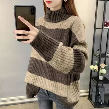 Женский свитер с высоким воротником 2023, осень/зима, корейское издание, женский полосатый свободный свитер с длинным рукавом, популярный топ, свитер в стиле ретро, пуловер