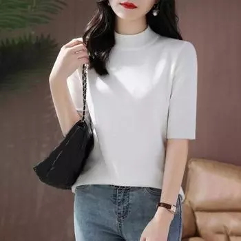 Женский свитер с высоким воротником и коротким рукавом, вязаные топы, однотонные, облегающие, свитера, одежда для поездок на работу и улицы S белый