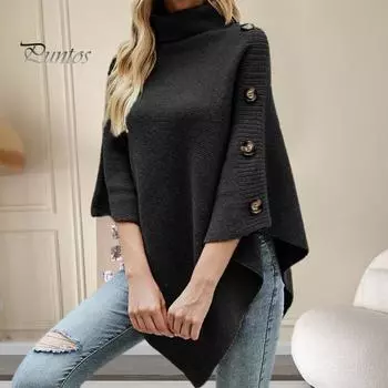 Женский свитер с высоким воротником, однотонный, в стиле накидки, свитер, пальто, украшение на пуговицы, свободный крой, повседневный, для поездок на работу, вязаный топ S серый