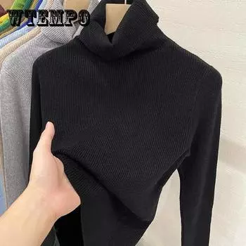 Женский свитер с высоким воротником, осенний женский вязаный джемпер с высоким воротом, модные пуловеры, черный, белый цвет, тонкий трикотаж с длинным рукавом, женские базовые топы, одежда XL
