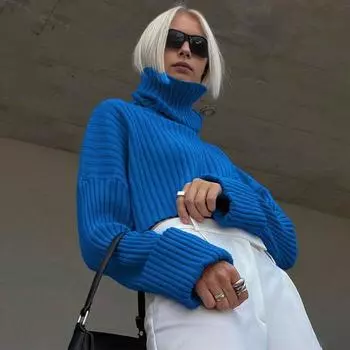 Женский свитер с высоким воротником, расклешенный, с длинным рукавом, короткий, вязаный, однотонный, свободный крой, в рубчик, повседневный S зелёный