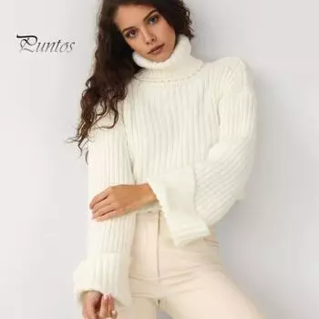 Женский свитер с высоким воротником, расклешенный, с длинным рукавом, короткий, вязаный топ, однотонный, свободный крой, ребристый, повседневный трикотаж S синий