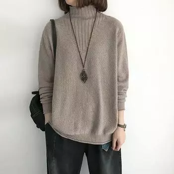 Женский свитер с высоким воротом и длинным рукавом, осень и зима, новый внутренний верх, ретро-свободный свитер, вязаные свитера, повседневная простая одежда 2120 One Size зелёный