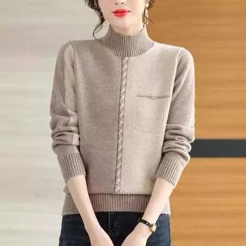 Женский свитер с высоким воротом, осень/зима, толстый свитер с цветными блоками, свободный короткий пуловер, трикотажный джемпер из эластичной трикотажной пряжи S зелёный