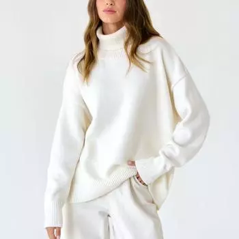 Женский свитер с высоким воротом, осенне-зимний свободный свитер, классический универсальный однотонный женский вязаный свитер-пуловер S белый