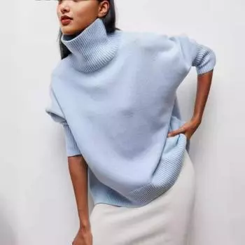 Женский свитер с высоким воротом, осенне-зимний, с длинным рукавом, свободный, повседневный, вязаный свитер, топы, женская однотонная базовая элегантная одежда 1607 S серый