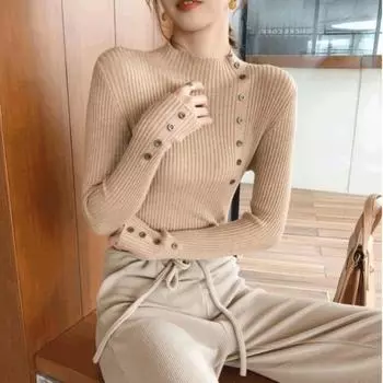 Женский свитер с высоким воротом, пуловер с длинными рукавами, осень и зима, новый корейский вариант, короткий свитер, облегающий трикотажный свитер для верхней одежды one size чёрный