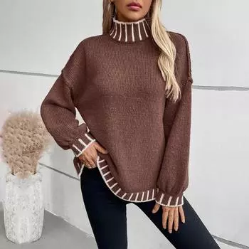 Женский свитер с высоким воротом, трикотажный свитер с полосками, вязаный свитер с косами, осень-зима, длинный рукав, модный, трендовый L хаки