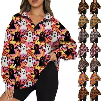 Женский свитер с застежкой-молнией 1/4, свитшот с длинным рукавом, с принтом и заниженной линией плеч, модная толстовка с капюшоном XXXL