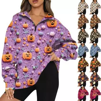 Женский свитер с застежкой-молнией 1/4, свитшот с длинным рукавом, с принтом и заниженной линией плеч, модная толстовка с капюшоном XL синий