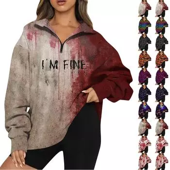 Женский свитер с застежкой-молнией 1/4, свитшот с длинным рукавом, с принтом и заниженной линией плеч, модная толстовка с капюшоном XXXL