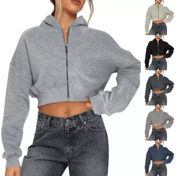 Женский свитер с застежкой-молнией на половину длины, толстовка с мятыми рукавами, короткое пальто с длинным рукавом L бежевый