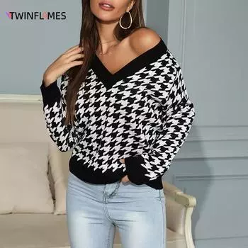 Женский свитер, сексуальный глубокий v-образный вырез с узором «гусиные лапки», осенне-зимние свитера, топ, вязаный женский джемпер, пуловер с длинными рукавами