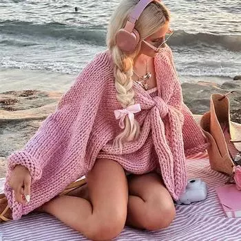 Женский свитер со шнуровкой и бантом, свободный, с V-образным вырезом, с длинным рукавом, повседневный, утолщенный, теплый, вязаный топ, осень-зима, новая мода M розовый