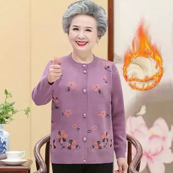 Женский свитер среднего и пожилого возраста, вязаный кардиган, платье для матери, бархатное утепленное бабушкиное теплое пальто, осенние и зимние топы XL зелёный