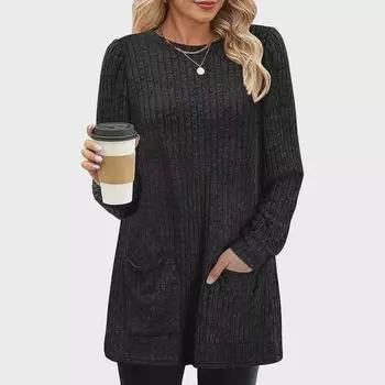 Женский свитер средней длины из рубчатой вязки с карманами - круглый вырез, однотонный, осень/зима 2023 г. XL серый