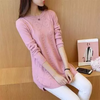 Женский свитер средней длины, однотонный, повседневный, с длинными рукавами и круглым вырезом, пуловер, топы на весну и осень 3XL чёрный