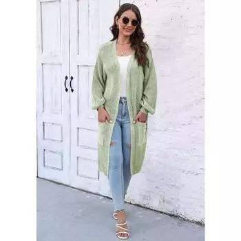 Женский свитер средней длины с большим карманом и рукавами-фонариками на осень и зиму average size абрикосовый