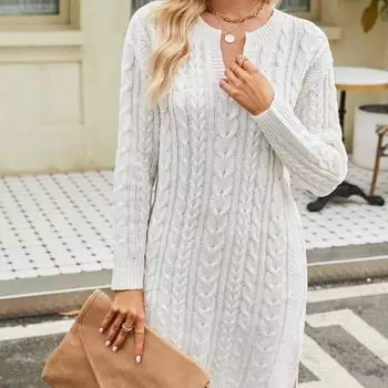 Женский свитер средней длины с V-образным вырезом, однотонный, с витым цветком, свободный, осенне-зимний S белый