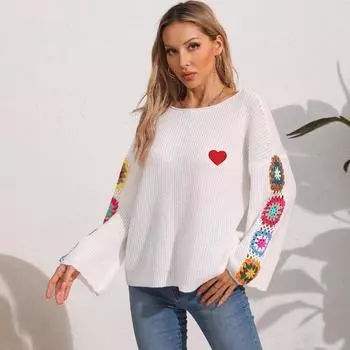 Женский свитер-свитер осенне-зимняя женская одежда однотонный воротник с открытыми плечами свободный верх ручной работы смешивание цветов вязание крючком S