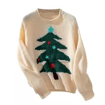 Женский свитер-свитер с рождественской елкой, осенне-зимний, с круглым вырезом, свободный крой L