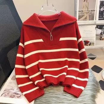 Женский свитер Свободная трикотажная одежда Молния Свитеры Рубашки и блузки Длинный рукав Осень Зима One Size красный