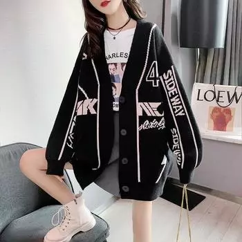 Женский свитер, свободное женское пальто с v-образным вырезом, модный принт с длинным рукавом, повседневный кардиган, топы средней длины, женская вязаная куртка One Size чёрный