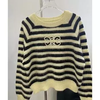 «Женский свитер свободного кроя из шерсти в полоску в корейском стиле осень/зима 2024 года» Extra Large чёрный/белый