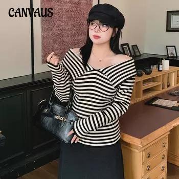 Женский свитер свободного кроя с большими лацканами в полоску большого размера XL чёрный