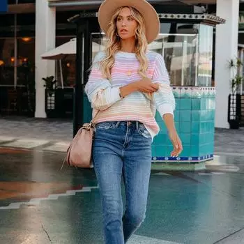 Женский свитер свободного кроя с круглым вырезом и длинными рукавами, осенне-зимний S разноцветный