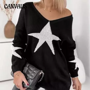 Женский свитер свободного кроя с круглым вырезом и узором «звезда» большого размера XL чёрный