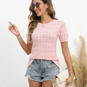 Женский свитер свободного кроя с круглым вырезом и короткими рукавами на осень и зиму S чёрный