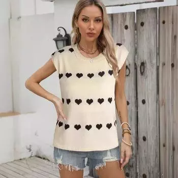 Женский свитер свободного кроя с круглым вырезом и короткими рукавами на осень и зиму S абрикосовый