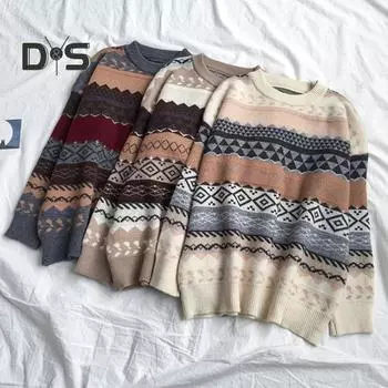 Женский свитер свободного кроя с круглым вырезом и длинными рукавами, свитер с полосатым принтом, вязаные джемперы, повседневный трикотаж темные хаки