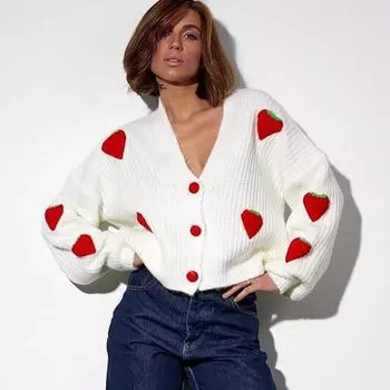 Женский свитер свободного кроя с объемной аппликацией клубники на осень и зиму, толстый тонкий свитер S синий