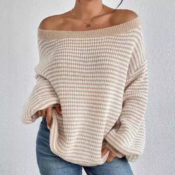 Женский свитер свободного кроя с открытой спиной, винтажный, с рукавами-фонариками, в полоску, осень/зима S хаки