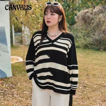 Женский свитер свободного кроя с V-образным вырезом и полосками больших размеров XL чёрный