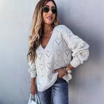 Женский свитер свободного кроя с V-образным вырезом в форме сердца, однотонный, осенне-зимний S белый