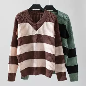 Женский свитер свободного кроя с V-образным вырезом в стиле ретро, осень/зима, в полоску, с цветными блоками S зелёный